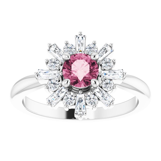 Platinum Round Natural Pink Tourmaline & Natural Diamond Halo-Style Ring - view 3