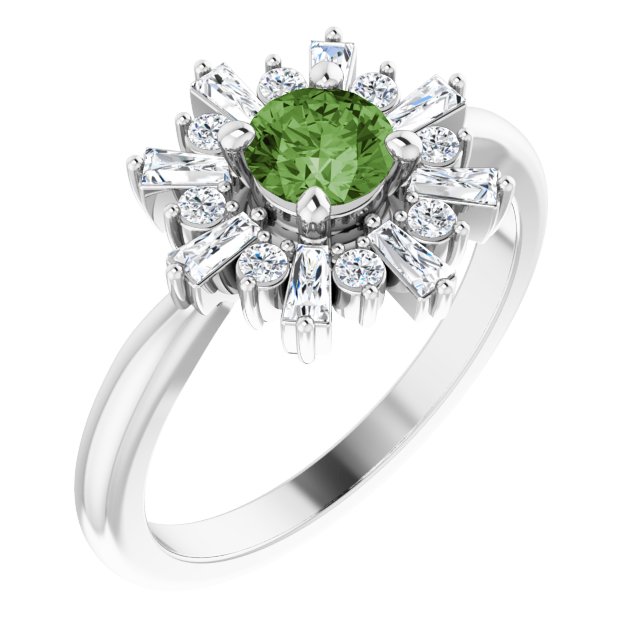 14K Gold Round Natural Green Tourmaline & Natural Diamond Halo-Style Ring - White Gold