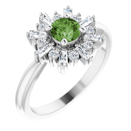 Platinum Round Natural Green Tourmaline & Natural Diamond Halo-Style Ring