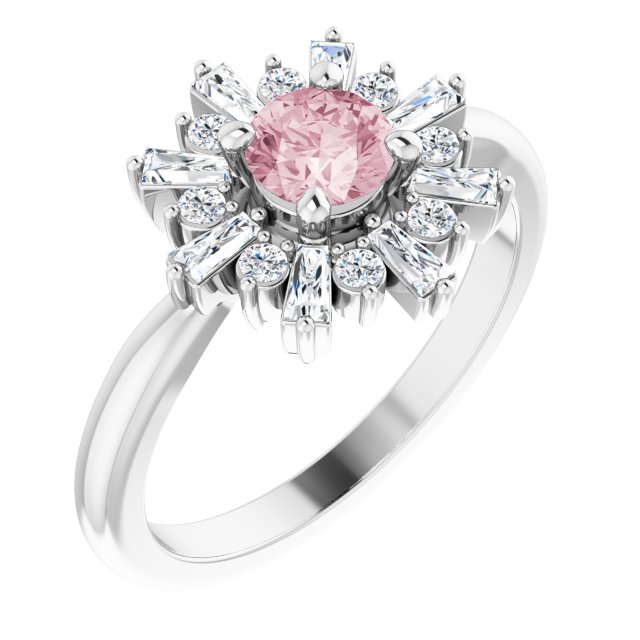 14K Gold Round Natural Pink Morganite & Natural Diamond Halo-Style Ring - White Gold