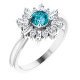 Platinum Round Natural London Blue Topaz & Natural Diamond Halo-Style Ring – 5mm Stones