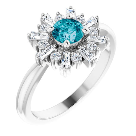 Platinum Round Natural London Blue Topaz & Natural Diamond Halo-Style Ring – 5mm Stones