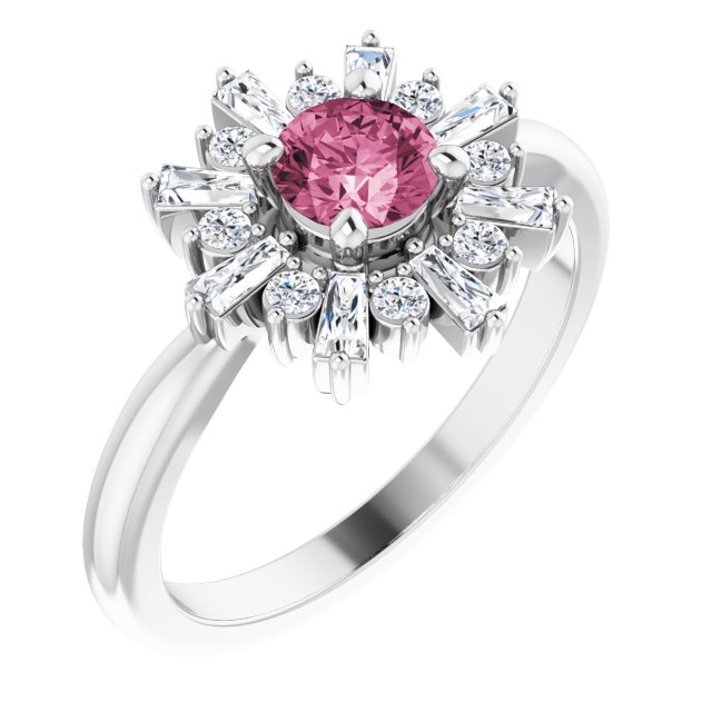 14K Gold Round Natural Pink Tourmaline & Natural Diamond Halo-Style Ring - White Gold