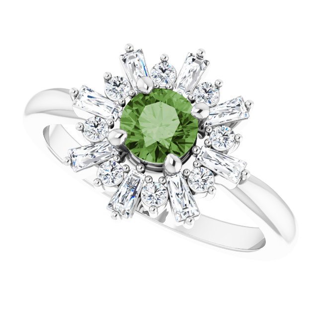 Platinum Round Natural Green Tourmaline & Natural Diamond Halo-Style Ring - view 5
