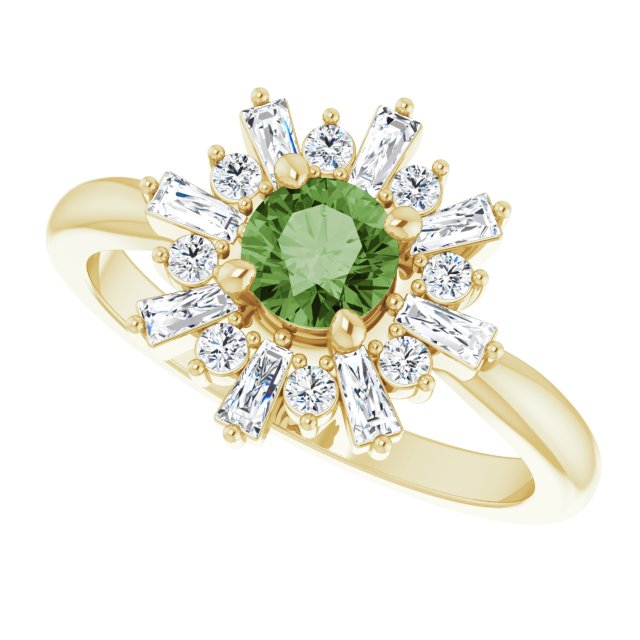 14K Gold Round Natural Green Tourmaline & Natural Diamond Halo-Style Ring - Yellow Gold - view 5
