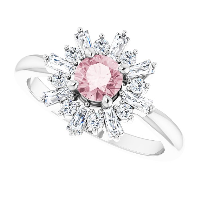 Platinum Round Natural Pink Morganite & Natural Diamond Halo-Style Ring - view 5