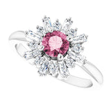 Platinum Round Natural Pink Tourmaline & Natural Diamond Halo-Style Ring - view 5