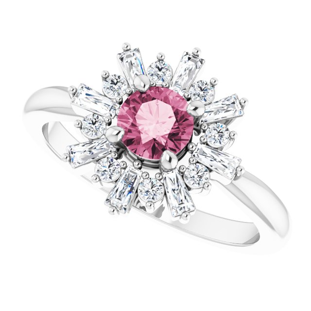 Platinum Round Natural Pink Tourmaline & Natural Diamond Halo-Style Ring - view 5