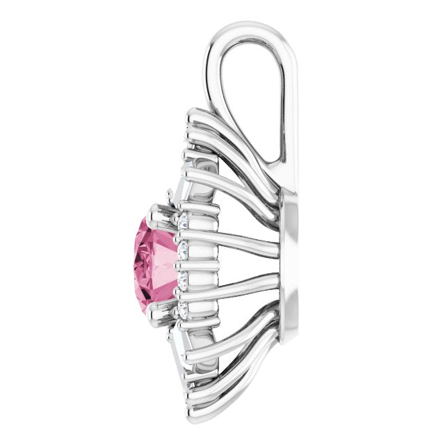 14K Gold Oval Natural Pink Tourmaline Halo-Style Necklace or Pendant - White Gold - view 6
