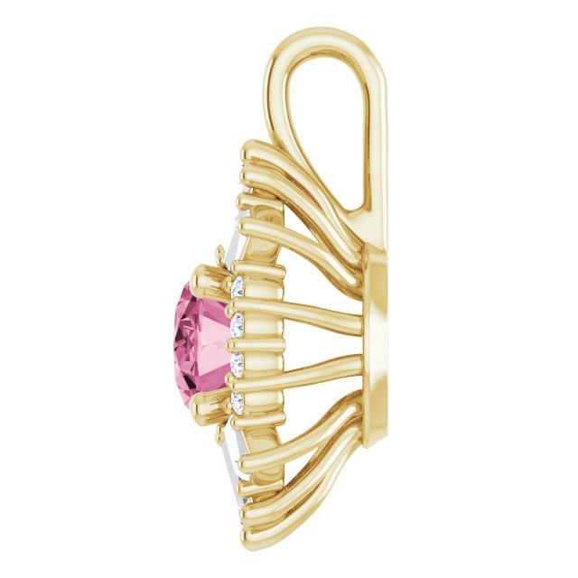 14K Gold Oval Natural Pink Tourmaline Halo-Style Necklace or Pendant - Yellow Gold - view 6