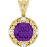 14K Gold Round Natural Amethyst & Natural Diamond Accented Sculptural Pendant - Yellow Gold