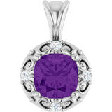 14K Gold Round Natural Amethyst & Natural Diamond Accented Sculptural Pendant - White Gold