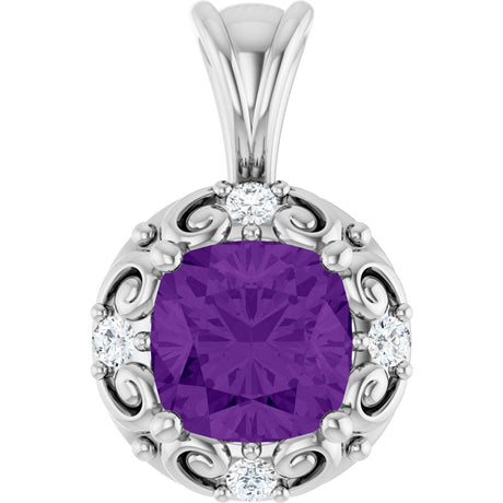 Platinum Round Natural Amethyst & Natural Diamond Accented Sculptural Pendant