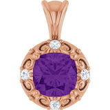 14K Gold Round Natural Amethyst & Natural Diamond Accented Sculptural Pendant - Rose Gold