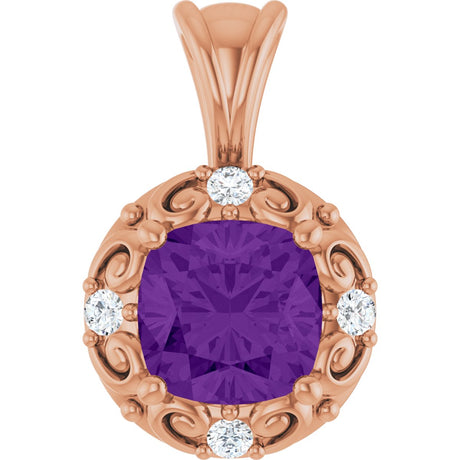 14K Gold Round Natural Amethyst & Natural Diamond Accented Sculptural Pendant - Rose Gold