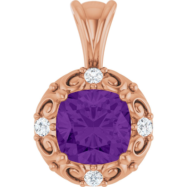 14K Gold Round Natural Amethyst & Natural Diamond Accented Sculptural Pendant - Rose Gold