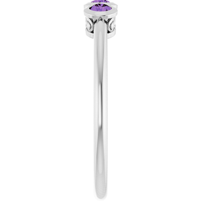 14K Gold Round Natural Amethyst Three-Stone Bezel-Set Ring - White Gold - view 9