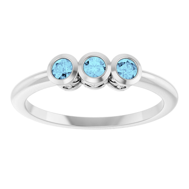 14K Gold Round Natural Aquamarine Three-Stone Bezel-Set Ring - White Gold - view 8