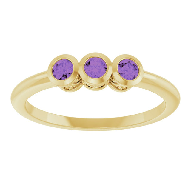 14K Gold Round Natural Amethyst Three-Stone Bezel-Set Ring - Yellow Gold - view 8