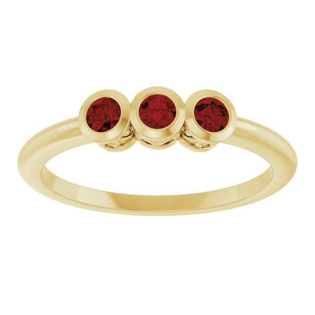 14K Gold Round Natural Mozambique Garnet Three-Stone Bezel-Set Ring - Yellow Gold - view 8