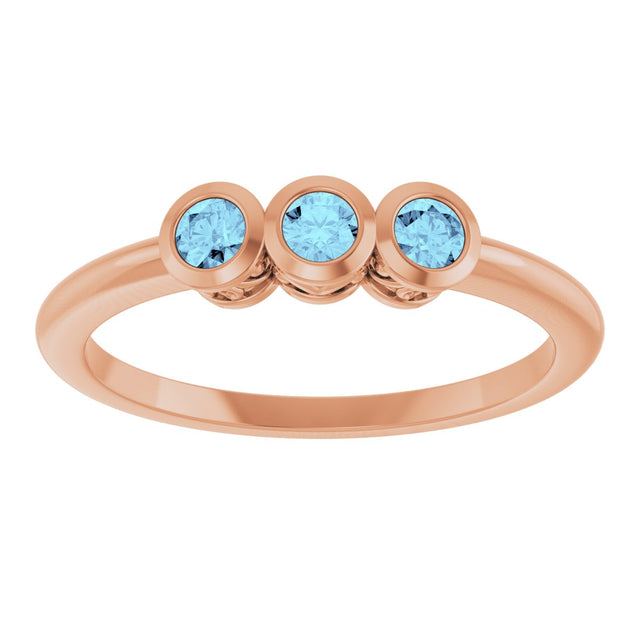 14K Gold Round Natural Aquamarine Three-Stone Bezel-Set Ring - Rose Gold - view 8