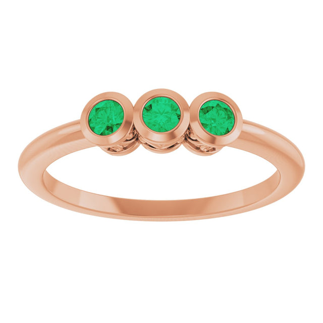 14K Gold Round Natural Emerald Three-Stone Bezel-Set Ring - Rose Gold - view 8