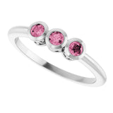 Platinum Round Natural Pink Tourmaline Three-Stone Bezel-Set Ring - view 10