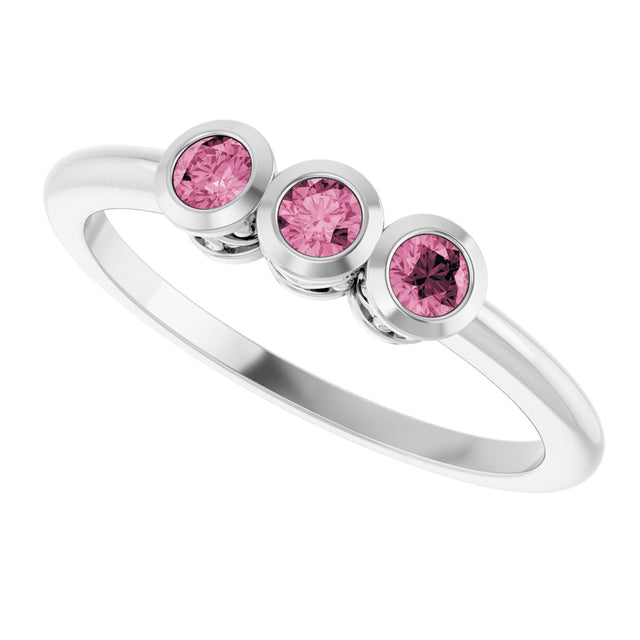 14K Gold Round Natural Pink Tourmaline Three-Stone Bezel-Set Ring - White Gold - view 10