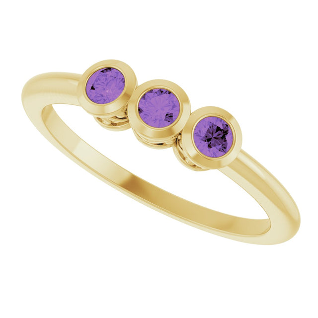 14K Gold Round Natural Amethyst Three-Stone Bezel-Set Ring - Yellow Gold - view 10