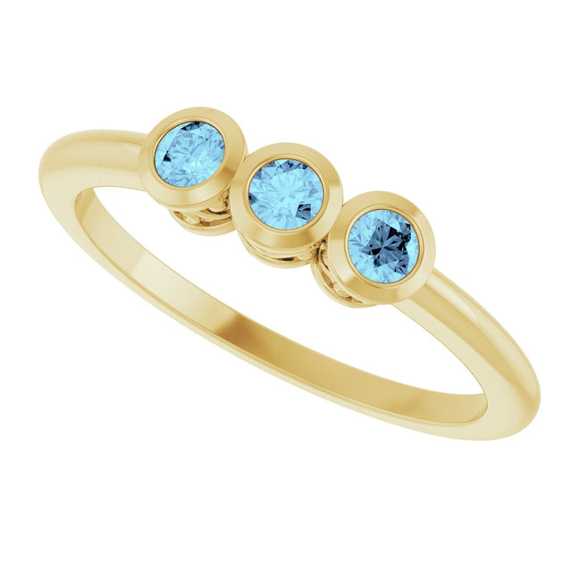 14K Gold Round Natural Aquamarine Three-Stone Bezel-Set Ring - Yellow Gold - view 10