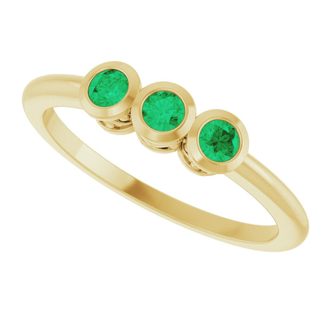 14K Gold Round Natural Emerald Three-Stone Bezel-Set Ring - Yellow Gold - view 10