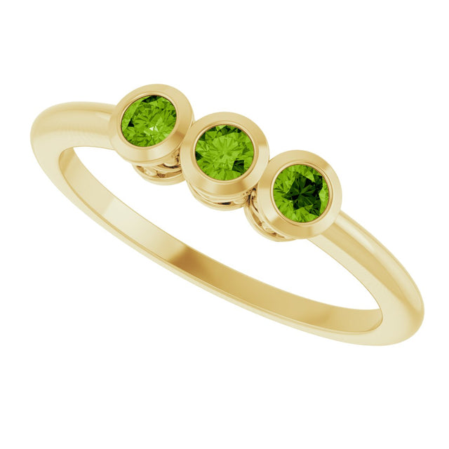 14K Gold Round Natural Peridot Three-Stone Bezel-Set Ring - Yellow Gold - view 10