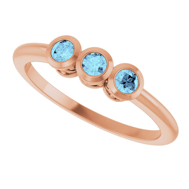 14K Gold Round Natural Aquamarine Three-Stone Bezel-Set Ring - Rose Gold - view 10