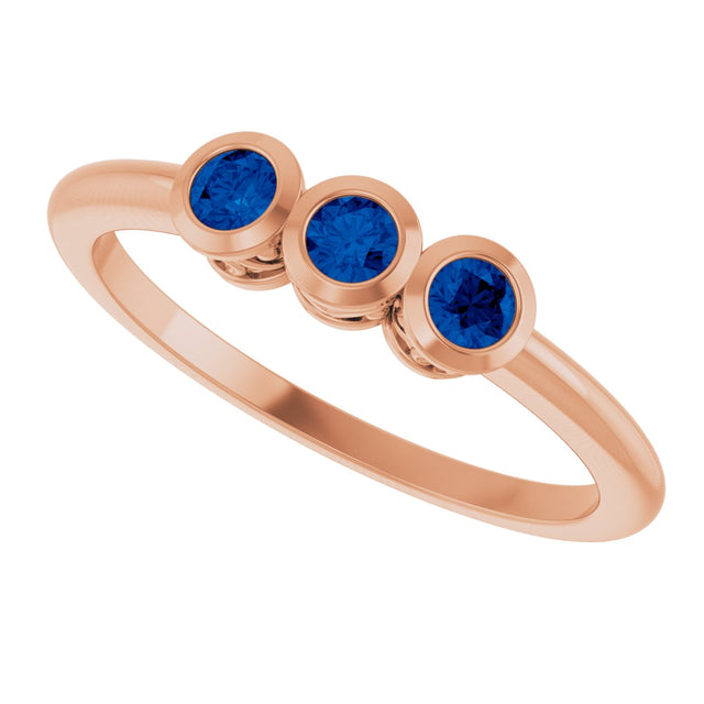 14K Gold Round Natural Blue Sapphire Three-Stone Bezel-Set Ring - Rose Gold - view 10