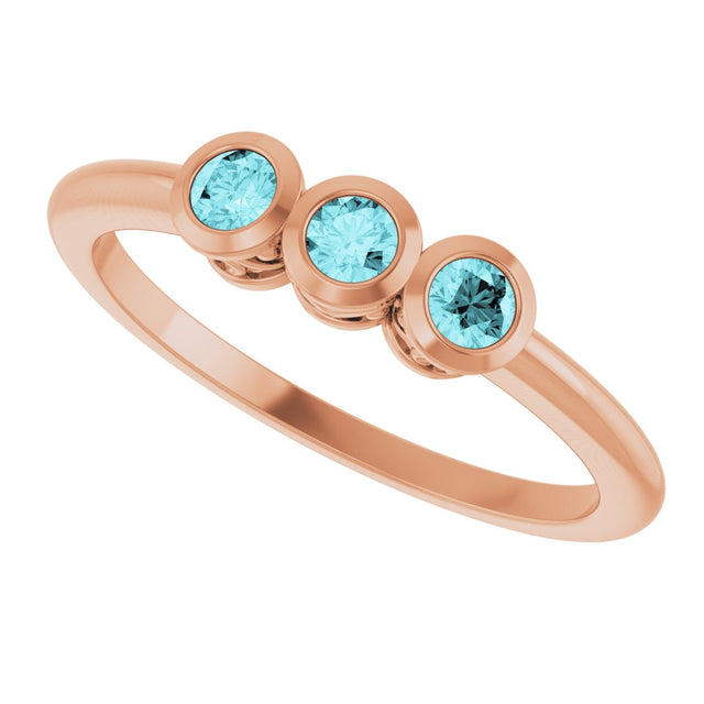 14K Gold Round Natural Blue Zircon Three-Stone Bezel-Set Ring - Rose Gold - view 10