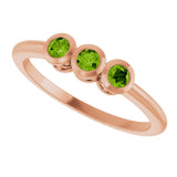 14K Gold Round Natural Peridot Three-Stone Bezel-Set Ring - Rose Gold - view 10