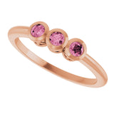 14K Gold Round Natural Pink Tourmaline Three-Stone Bezel-Set Ring - Rose Gold - view 10