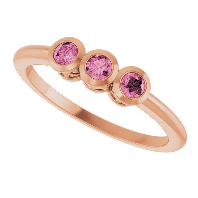 14K Gold Round Natural Pink Tourmaline Three-Stone Bezel-Set Ring - Rose Gold - view 10