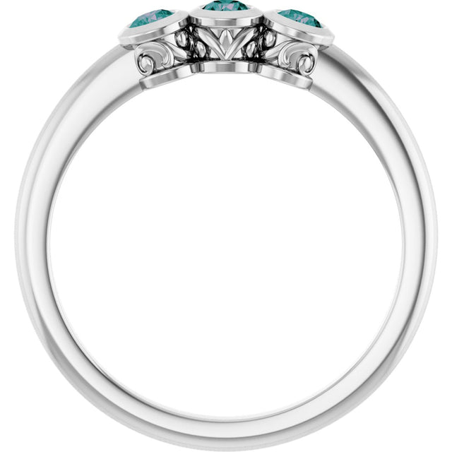Platinum Round Natural Alexandrite Three-Stone Bezel-Set Ring - view 7