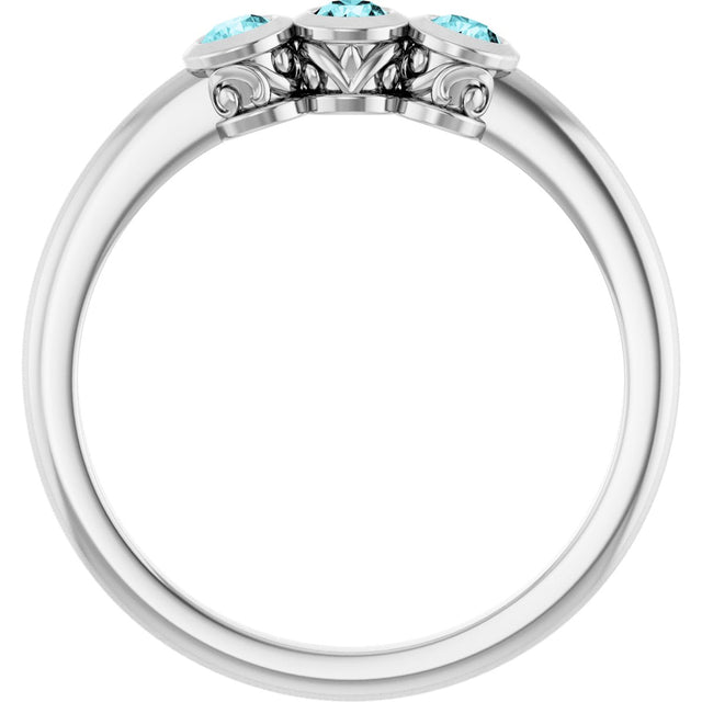 14K Gold Round Natural Blue Zircon Three-Stone Bezel-Set Ring - White Gold - view 7