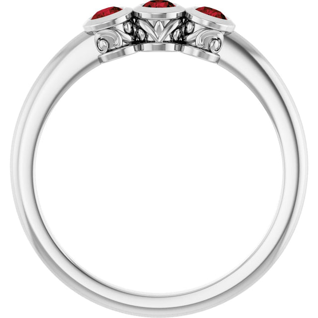 14K Gold Round Natural Mozambique Garnet Three-Stone Bezel-Set Ring - White Gold - view 7
