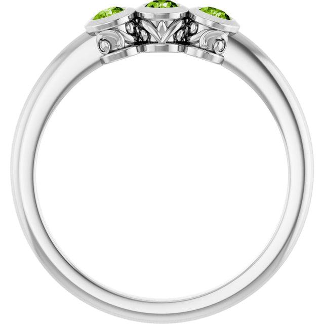 14K Gold Round Natural Peridot Three-Stone Bezel-Set Ring - White Gold - view 7