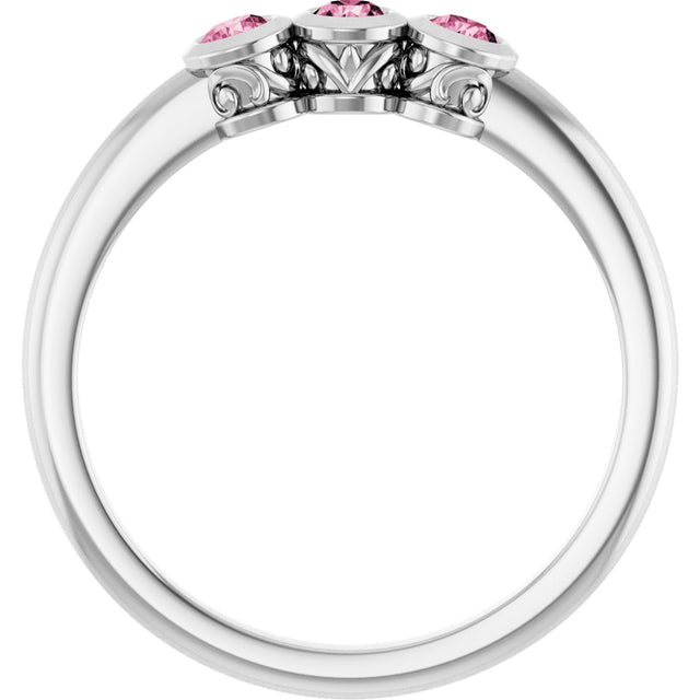 Platinum Round Natural Pink Tourmaline Three-Stone Bezel-Set Ring - view 7