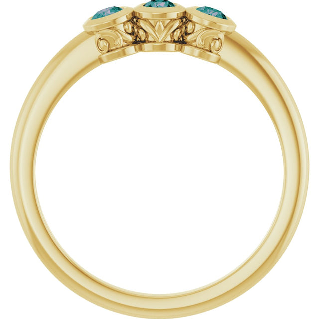 14K Gold Round Natural Alexandrite Three-Stone Bezel-Set Ring - Yellow Gold - view 7