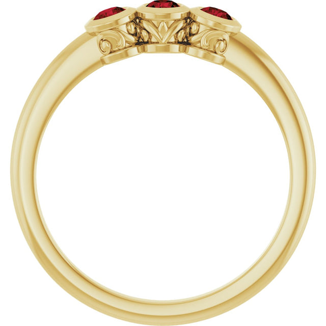 14K Gold Round Natural Mozambique Garnet Three-Stone Bezel-Set Ring - Yellow Gold - view 7