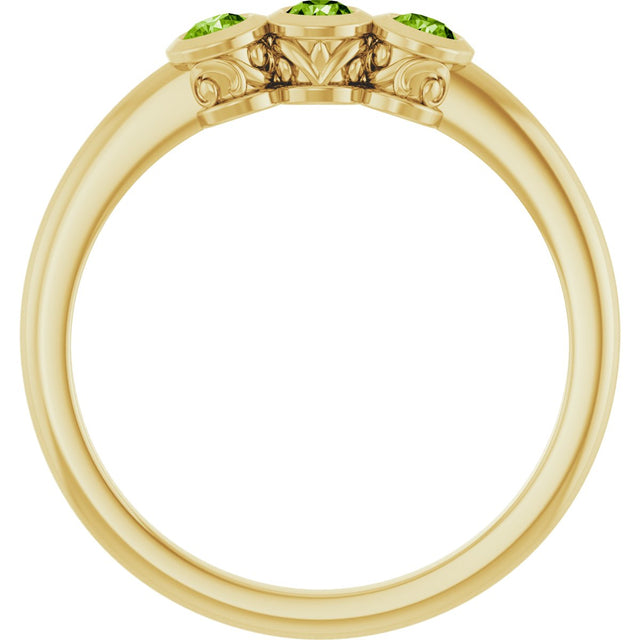 14K Gold Round Natural Peridot Three-Stone Bezel-Set Ring - Yellow Gold - view 7