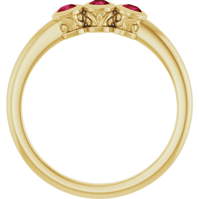 14K Gold Round Natural Ruby Three-Stone Bezel-Set Ring - Yellow Gold - view 7