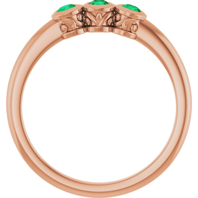 14K Gold Round Natural Emerald Three-Stone Bezel-Set Ring - Rose Gold - view 7