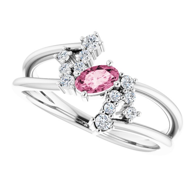 14K Gold Oval Natural Pink Tourmaline & Natural Diamond Accented Bypass Ring – 5x3mm - White Gold - view 5