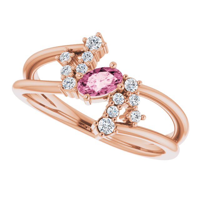 14K Gold Oval Natural Pink Tourmaline & Natural Diamond Accented Bypass Ring – 5x3mm - Rose Gold - view 5